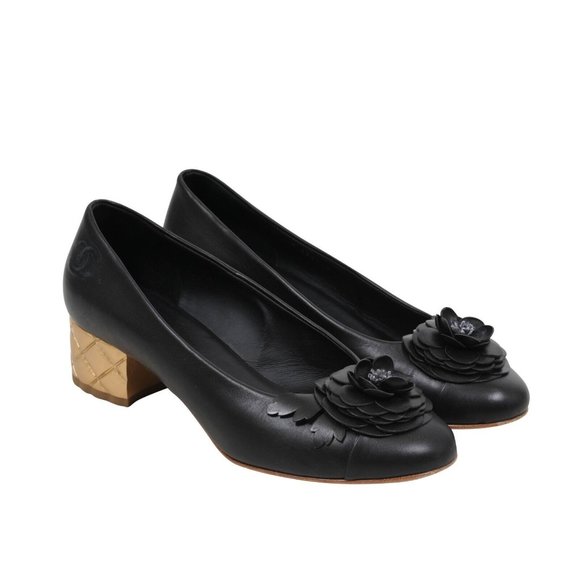 Chanel Womens Camellia Ballet Pumps Size 8 US 38 Black Leather Flower Gold Heels - Picture 1 of 8